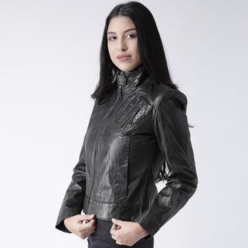Black Leather Full Sleeve Ladies Jacket