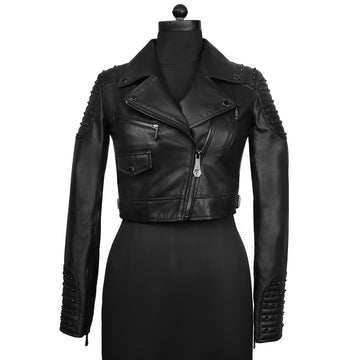 Classic Studded Black Leather Short Ladies Biker Jacket By Brune Bar