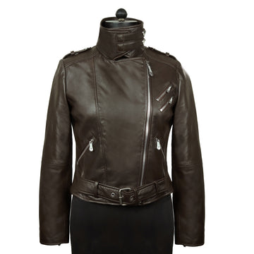 Adjustable Waist Belt Leather Jacket in Dark Brown Color with Full Sleeves For Ladies By Brune & Bareskin