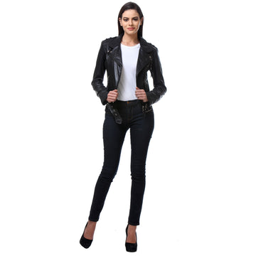 Black Full Sleeves Leather Jacket with Zipper Pocket Adjustable Waist Belt For Ladies By Brune & Bareskin