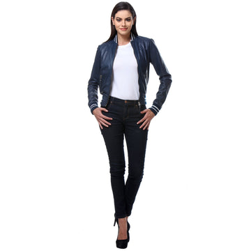 Blue Color Classic Leather Ribbed Bomber Jacket For Women By Brune & Bareskin