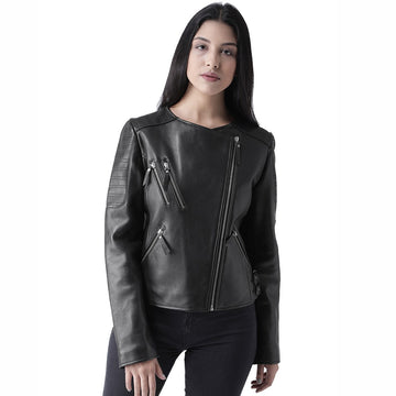 Black Leather Slant Zip Style Women Jacket by BRUNE & BARESKIN