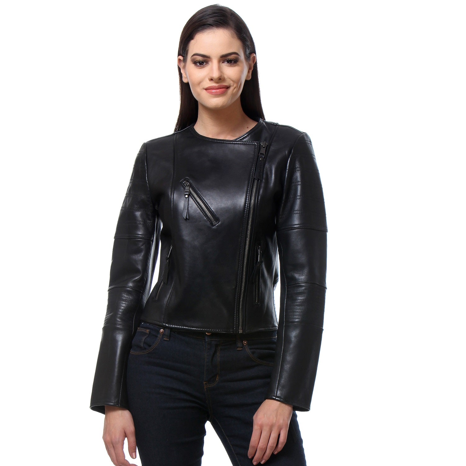 Classic Black Ban Collar Genuine Leather Jacket for Ladies By Brune