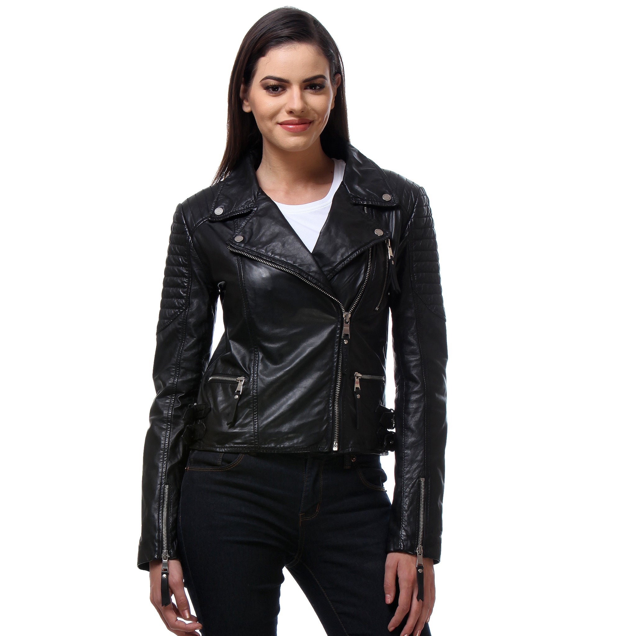 Black Color Classic Biker Jacket In Lamb Uno Leather For Women.
