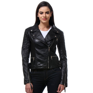 Black Color Classic Biker Jacket In Lamb Uno Leather For Women.