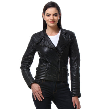 Black Color Classic Biker Jacket In Lamb Uno Leather For Women .