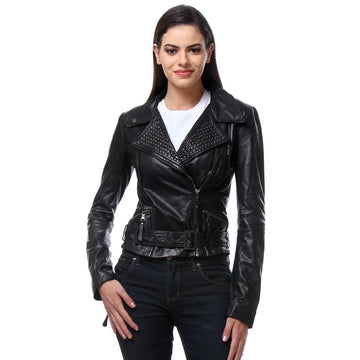 Black Color Classic Biker Jacket In Lamb Uno Leather For Women
