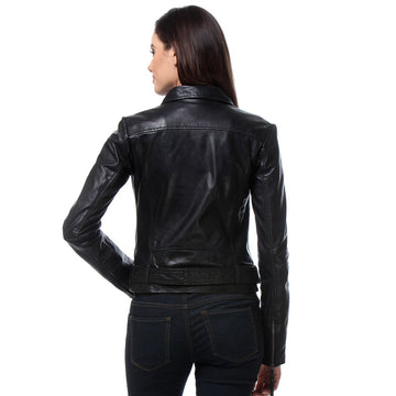 Black Color Classic Biker Jacket In Lamb Uno Leather For Women