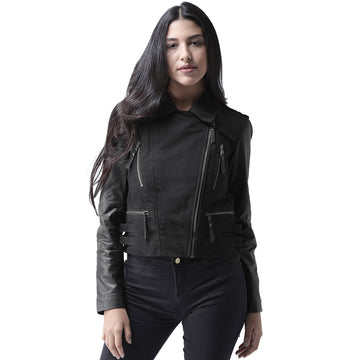 Black Leather & Denier Combination Stylish Ladies Jacket