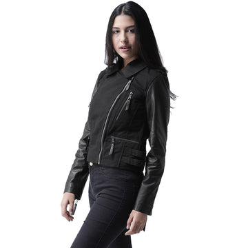 Black Leather & Denier Combination Stylish Ladies Jacket