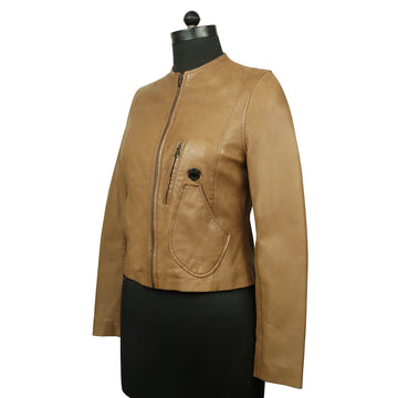Beige Classic Leather Jacket for Ladies with Lion Logo