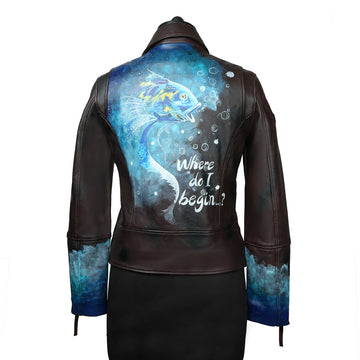 Black Handwritten Aquatic Inspired underwater Hand Painting Ladies Leather biker style Jacket By Brune & Bareskin