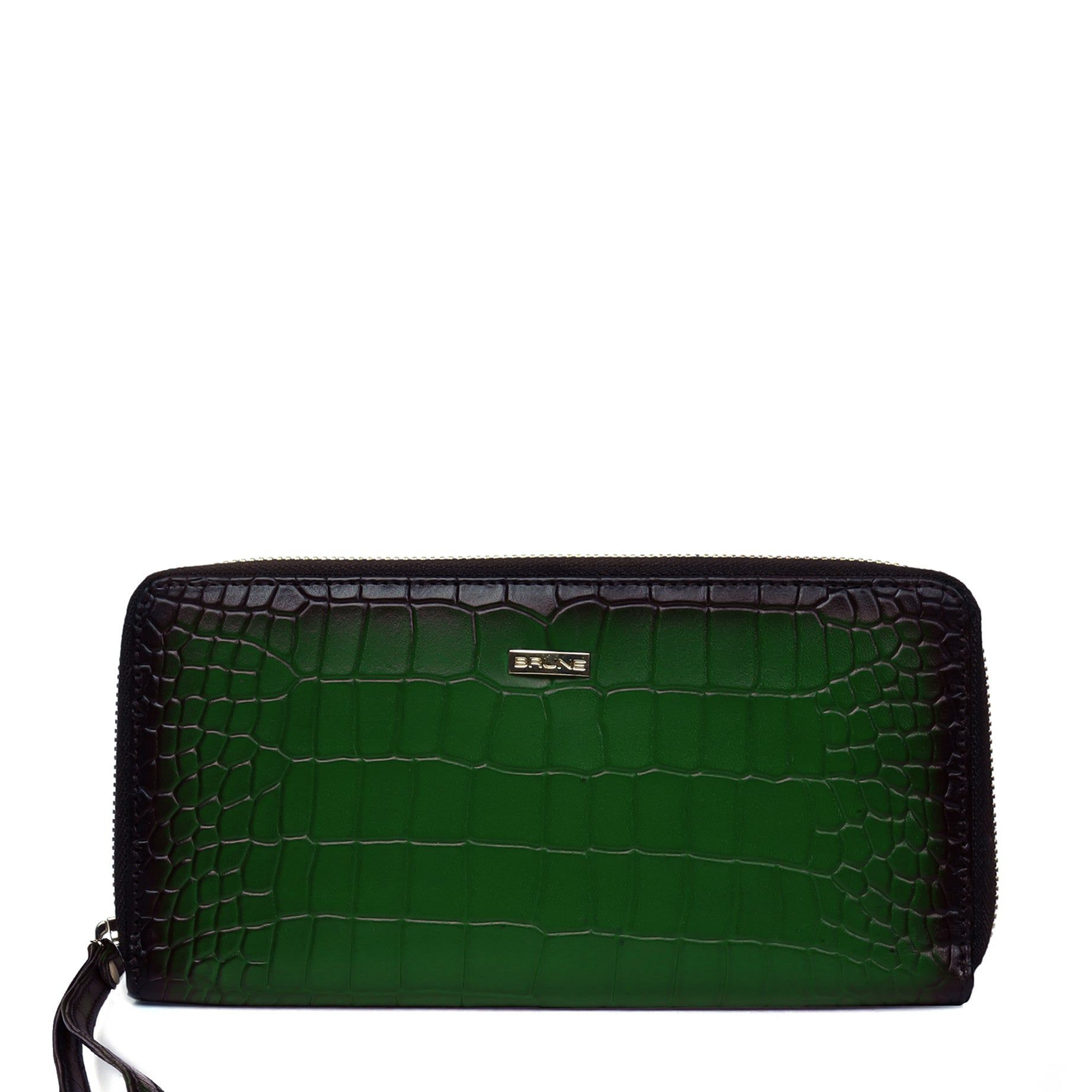 Dark Green Deep Cut Croco Print Leather Ladies Multi-Utility Hand Wallet By Brune & Bareskin