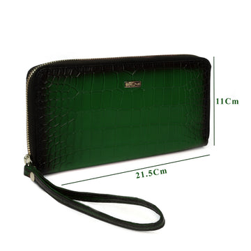Dark Green Deep Cut Croco Print Leather Ladies Multi-Utility Hand Wallet By Brune & Bareskin