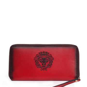 Embossed Lion Red Soft Touch Genuine Leather Ladies Multi-Utility Hand Clutch/Wallet By Brune & Bareskin