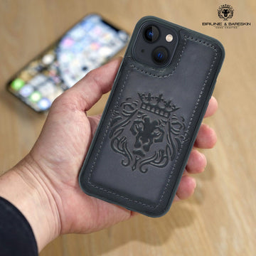 Grey Leather Lion Embossed Mobile Cover by Brune & Bareskin