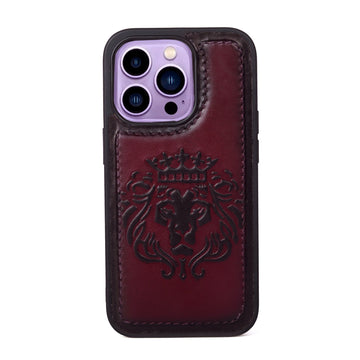 Wine Leather Lion Embossed Mobile Cover by Brune & Bareskin