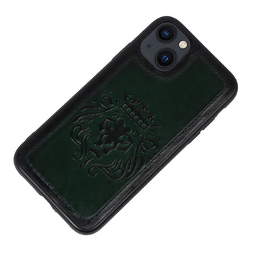 Forest Green Leather Lion Embossed Mobile Cover by BRUNE & BARESKIN