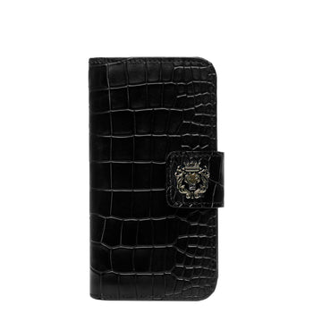 Black Flip Case Mobile Cover in Croco Textured Leather by Brune & Bareskin
