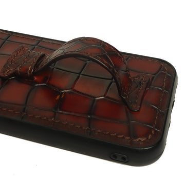 Mobile Cover With Holding Loop In Cognac Deep Cut Croco Leather by Brune & Bareskin