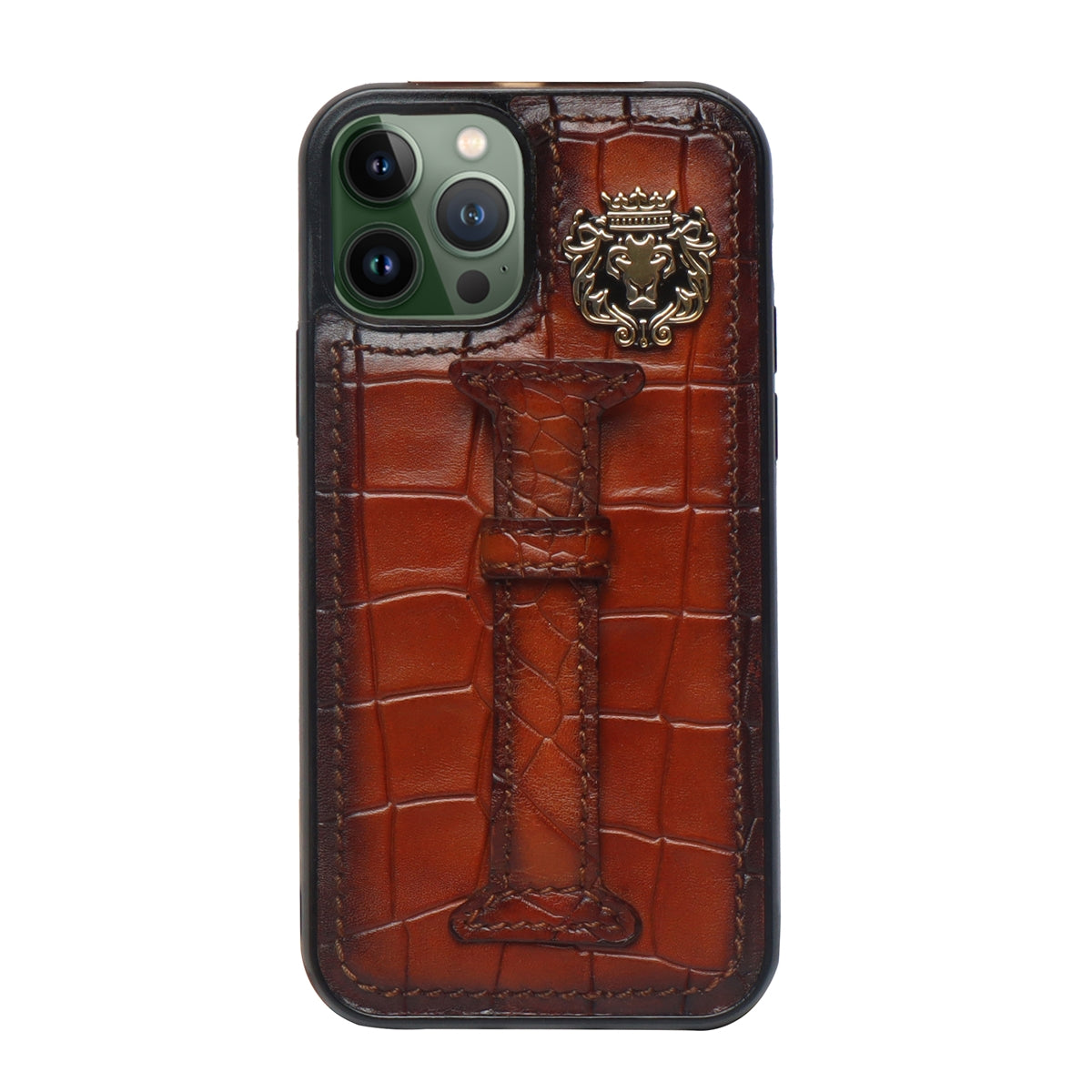 Mobile Cover With Holding Loop In Tan Deep Cut Croco Leather by Brune & Bareskin