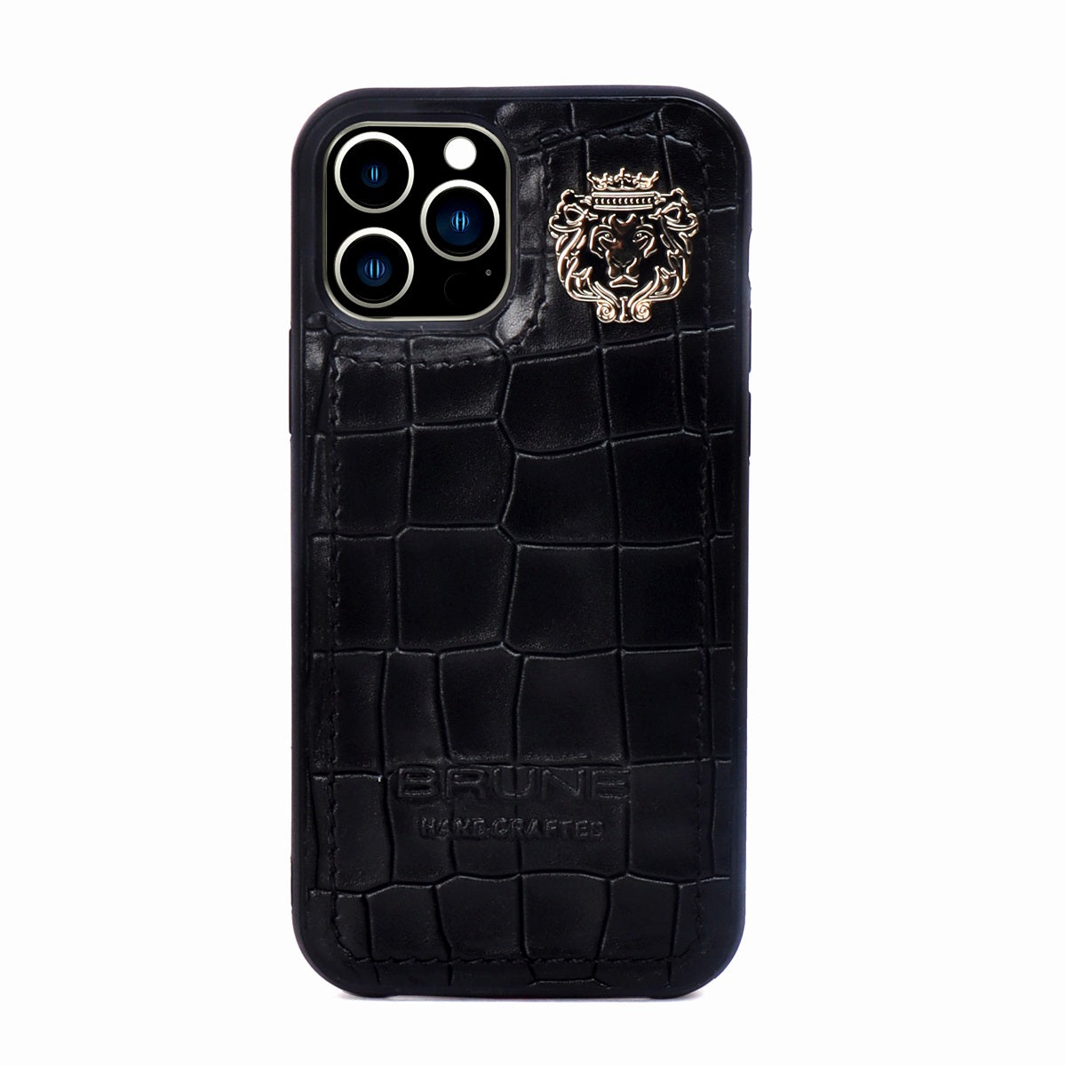 Black Mobile Cover Deep Cut Croco Textured Leather with Metal Lion Logo by Brune & Bareskin