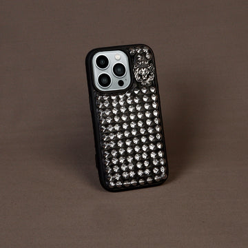 iPhone 13, 14 & 15Series Mobile Cover with Silver Studs Metal Lion in Black Leather