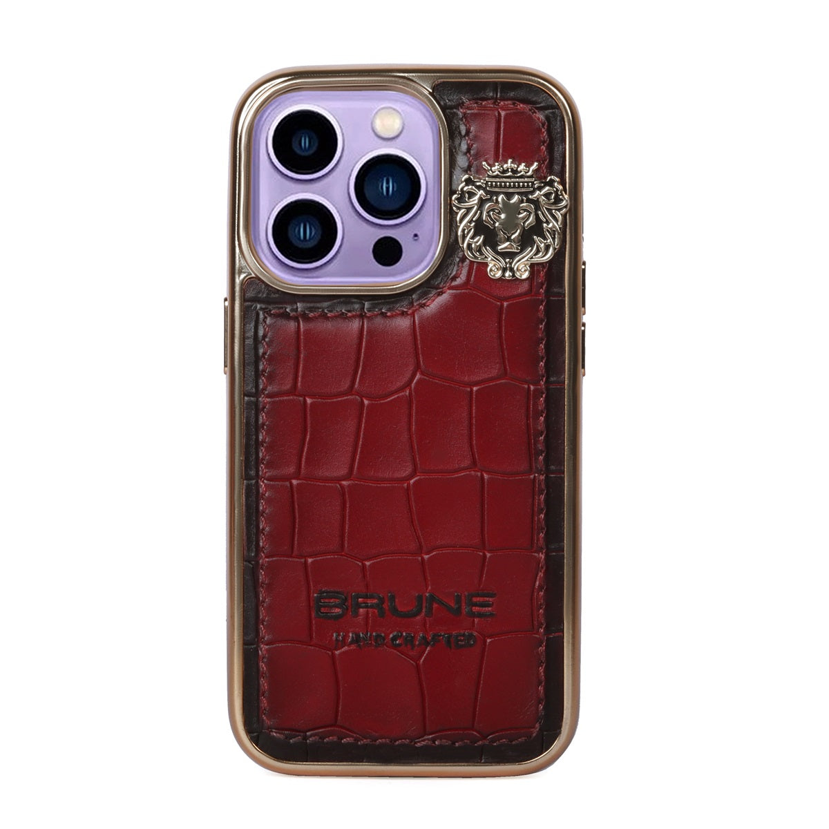 Wine Leather Mobile Cover with Golden Rim Croco Textured Metal Lion Logo by Brune & Bareskin