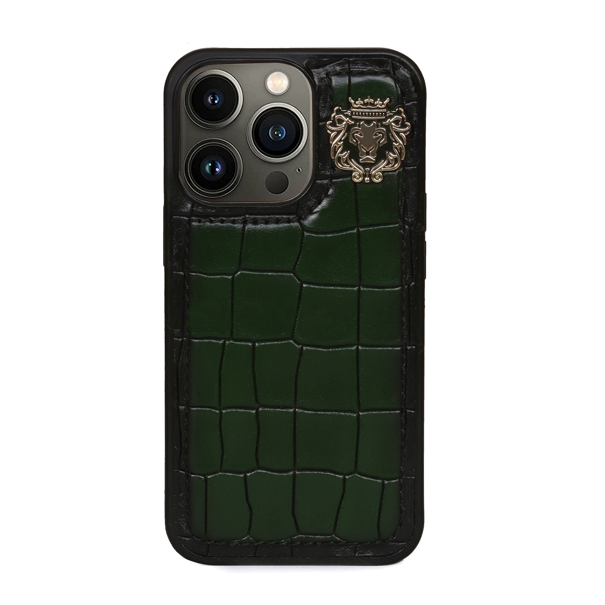 Green Mobile Cover in Deep Cut Leather with Golden Metal Lion by Brune & Bareskin