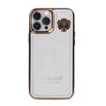 Prosperous Mobile Cover Golden Rim Apple iPhone 13 Series White Genuine Leather With Metal Lion Logo By Brune & Bareskin