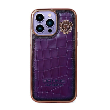 Golden Rim Purple Leather Mobile Cover Deep Cut Croco Textured with Metal Lion Logo by Brune & Bareskin