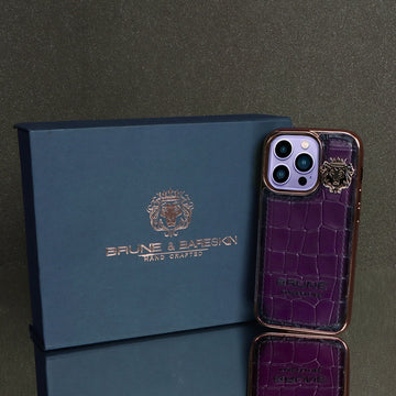 Golden Rim Purple Leather Mobile Cover Deep Cut Croco Textured with Metal Lion Logo by Brune & Bareskin