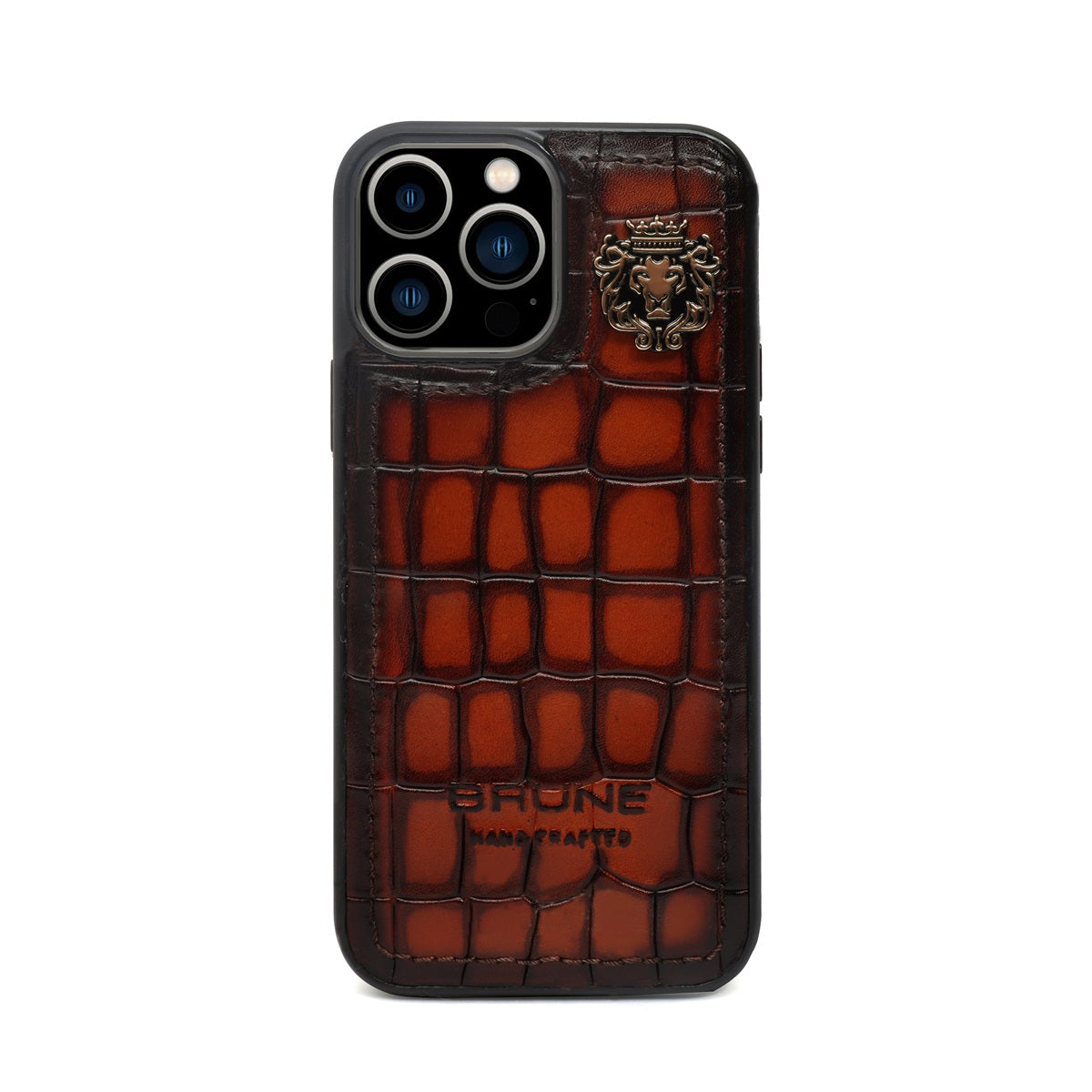 Tan Deep Cut Croco Textured Leather Mobile Cover With Metal Lion Logo by Brune & Bareskin