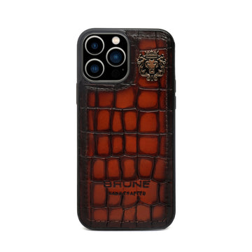 Tan Deep Cut Croco Textured Leather Mobile Cover With Metal Lion Logo by Brune & Bareskin