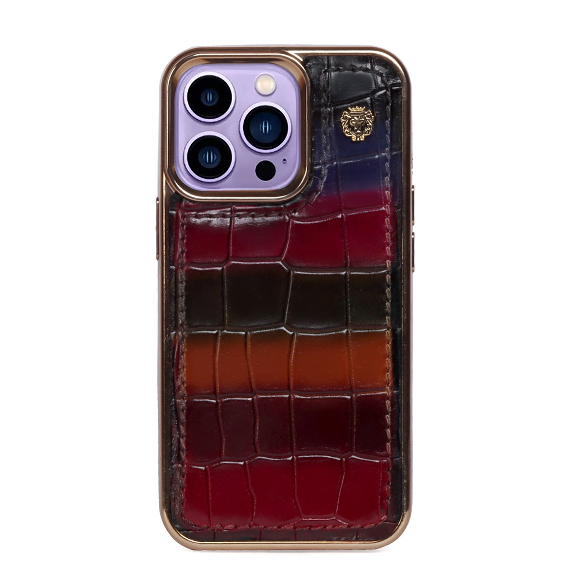 Golden Rim Mobile Cover Multi Color Leather iPhone Series Metal Lion