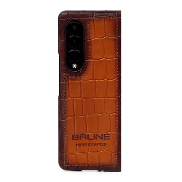 Samsung Galaxy Fold Mobile Cover in Tan Croco Textured Leather by Brune & Bareskin