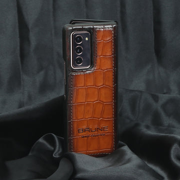 Tan Samsung Galaxy Fold Mobile Cover in Deep Croco Textured Leather by Brune & Bareskin