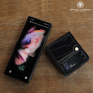 Samsung Galaxy Flip Series Black Deep Croco Textured Leather Mobile Cover by Brune & Bareskin
