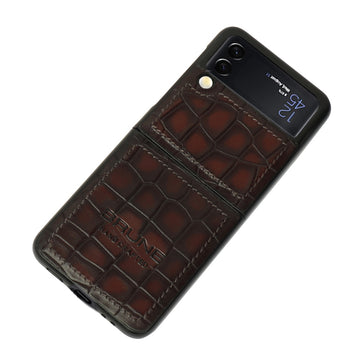 Samsung Galaxy Flip Series Dark Brown Deep Croco Textured Leather Mobile Cover by Brune & Bareskin