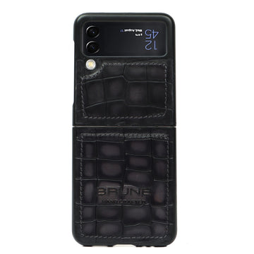 Samsung Galaxy Flip Series Grey Deep Croco Textured Leather Mobile Cover by Brune & Bareskin