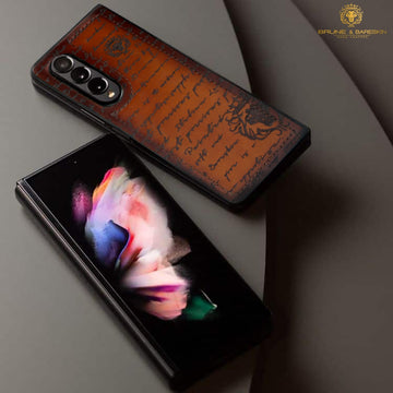 Tan Darker Scritto Laser Lion Leather Samsung Galaxy Fold Mobile Cover by Brune & Bareskin