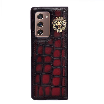 Samsung Galaxy Fold Series Mobile Cover In Wine Deep Cut Croco Textured Leather