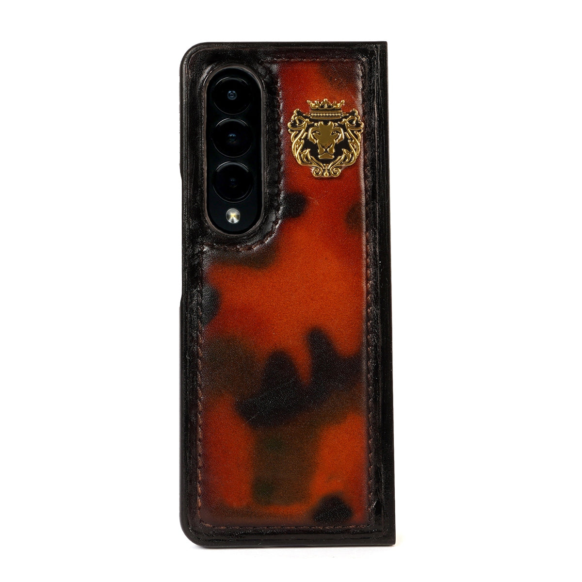 Hand Painted Camo Samsung Galaxy Fold Series Tan Leather Mobile Cover With Lion Logo