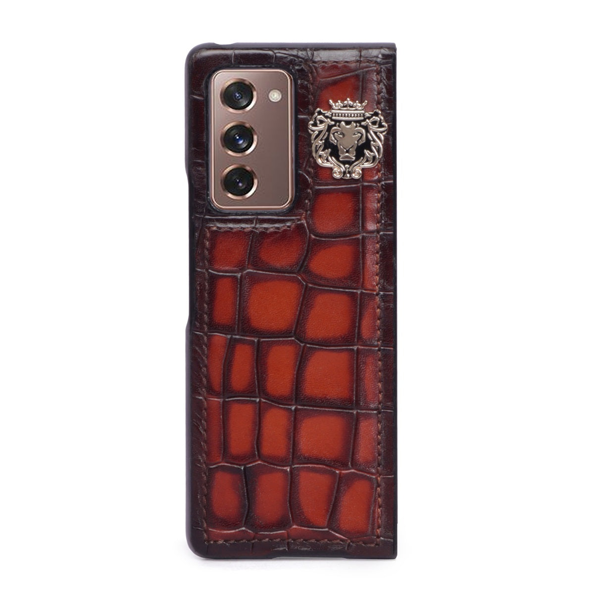 Smokey Tan Samsung Galaxy Fold Series Mobile Cover In Deep Cut Croco Textured Leather