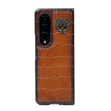 Mobile Cover In Tan Deep Cut Croco Textured Leather Lion Logo