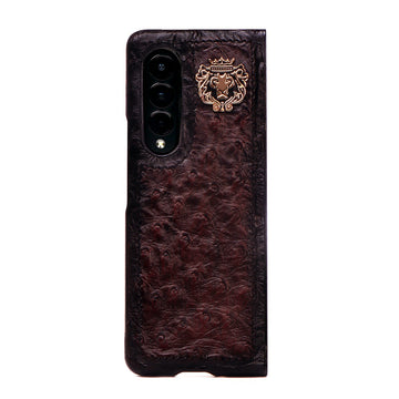 Samsung Galaxy Mobile Cover In Dark Brown Real Ostrich Leather Lion Logo