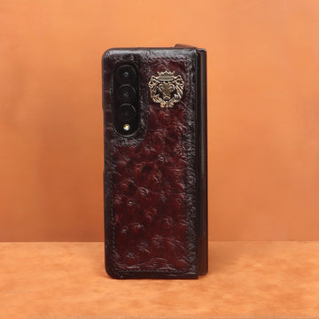 Samsung Galaxy Mobile Cover In Dark Brown Real Ostrich Leather Lion Logo