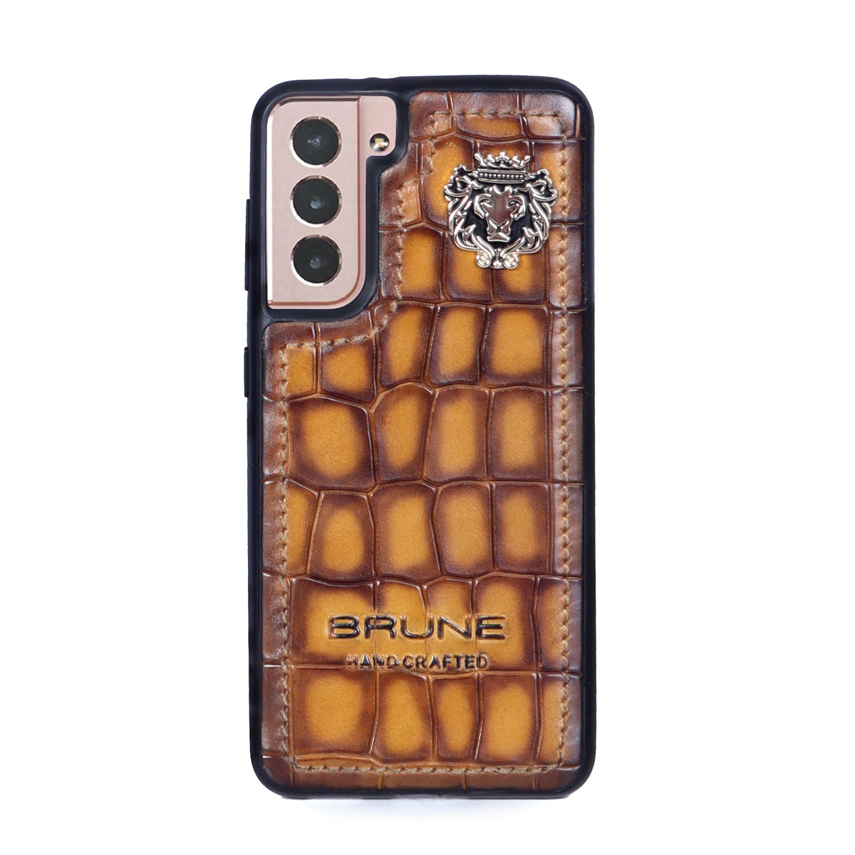 Smokey Tan Samsung S Series Deep Cut Leather Mobile Cover With Metal Lion Logo