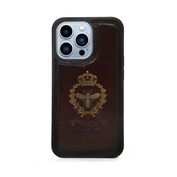 Honey Bee Crest Zardosi Apple iPhone 13 Series Dark Brown Leather Mobile Cover By Brune & Bareskin