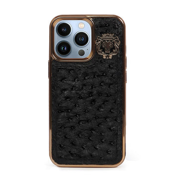 Golden Rim Mobile Cover in Black Real Ostrich Leather with Metal Lion Logo